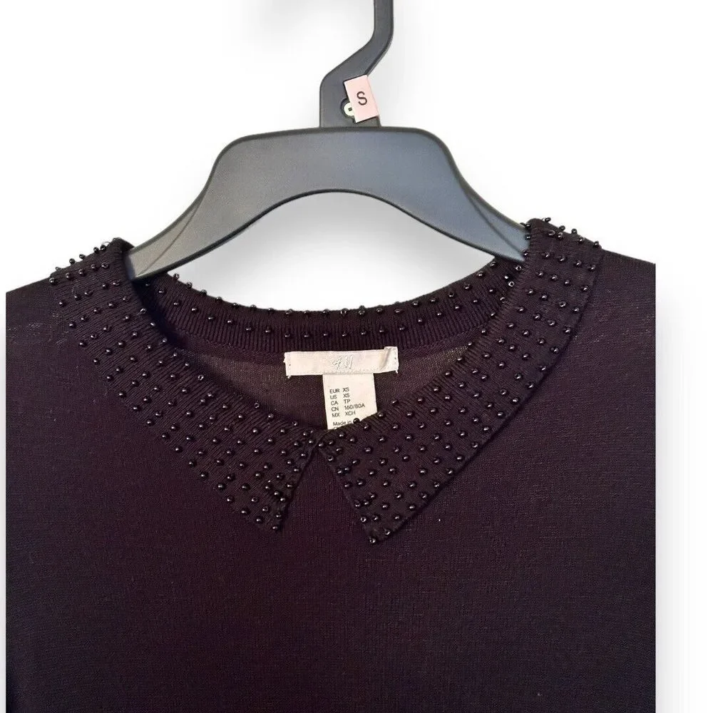 H&M Women’s Beaded Peter Pan Collar Lightweight Holiday Sweater Black XS - Picture 3 of 7